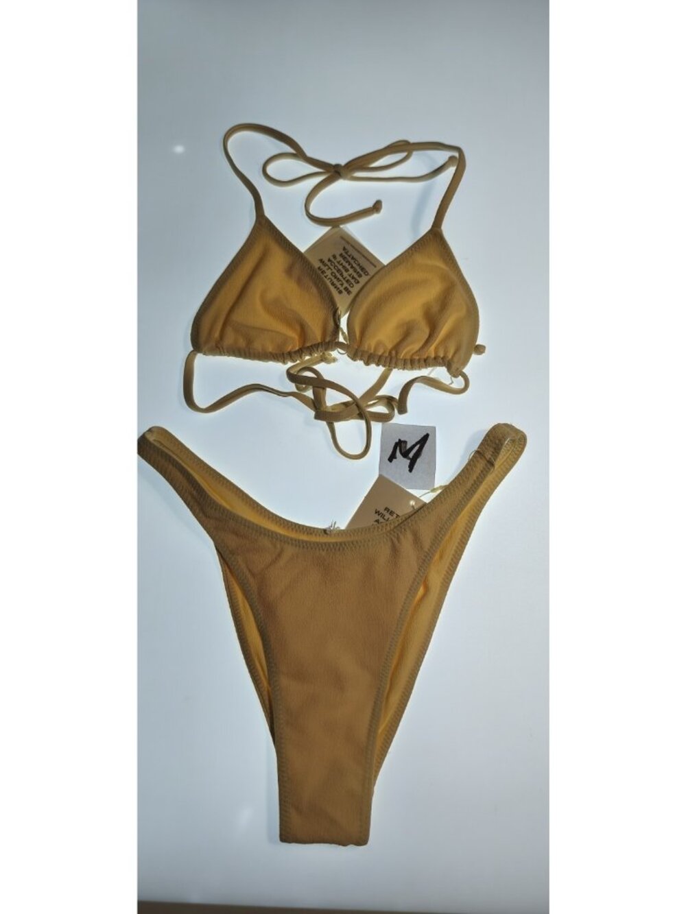 SAME Los Angeles Faux Suede Bikini Set Triangle Top Thong Bottom Beige M NWT